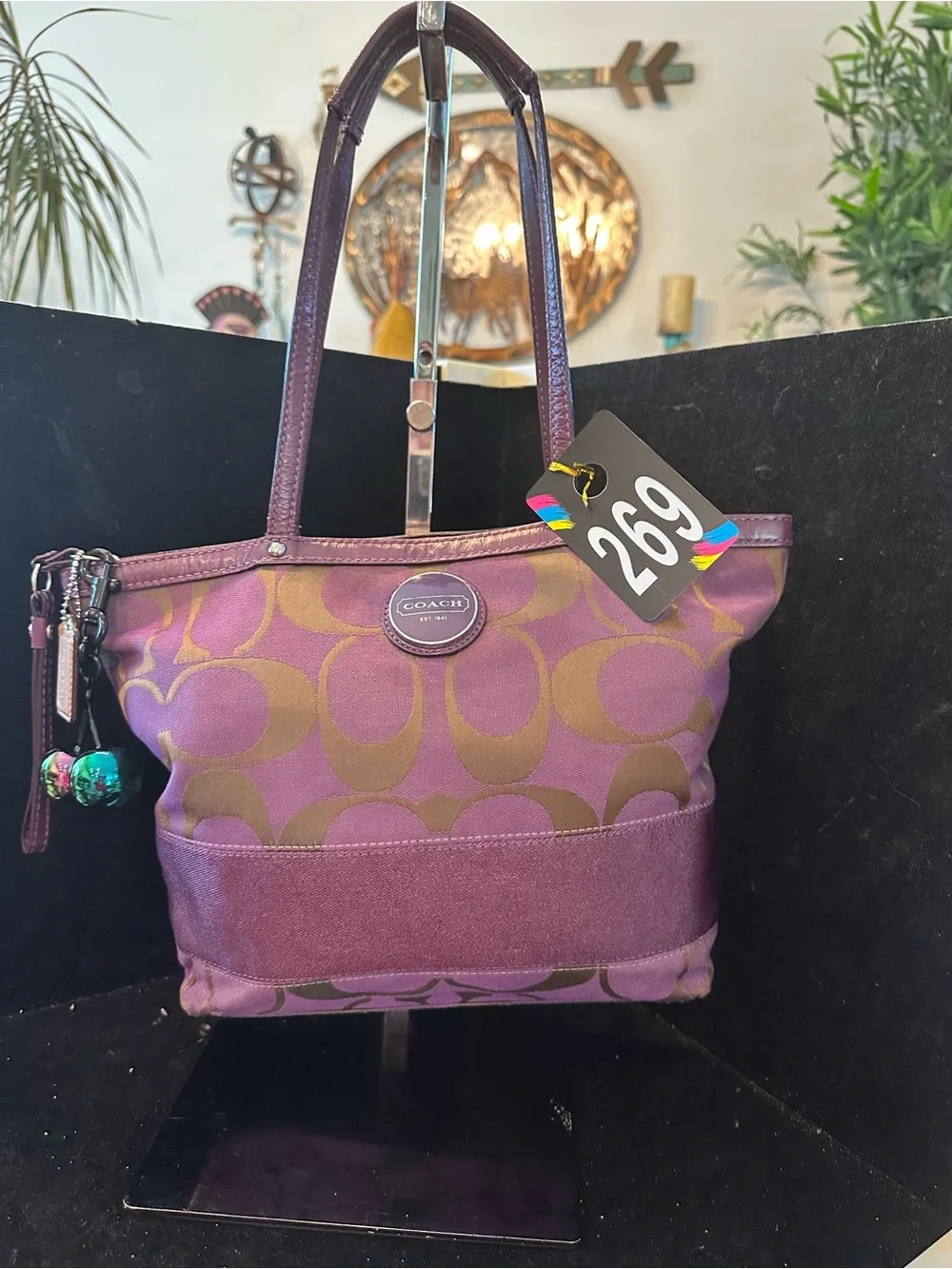 Coach #269 Poppy  Purple and Gold Signature Sateen Glam Tote